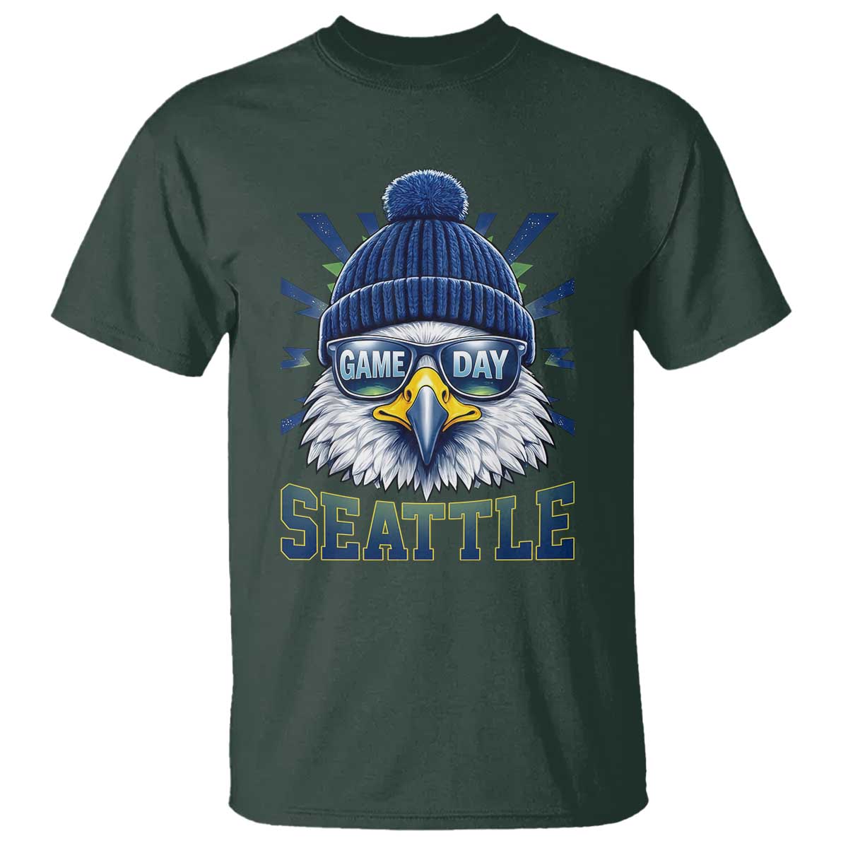 Cool Blue and Green Hawk with Beanie Graphic T Shirt Seattle Game Day Sports Fan TS02 Dark Forest Green Print Your Wear