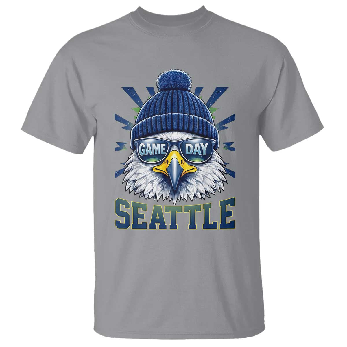 Cool Blue and Green Hawk with Beanie Graphic T Shirt Seattle Game Day Sports Fan TS02 Sport Gray Print Your Wear