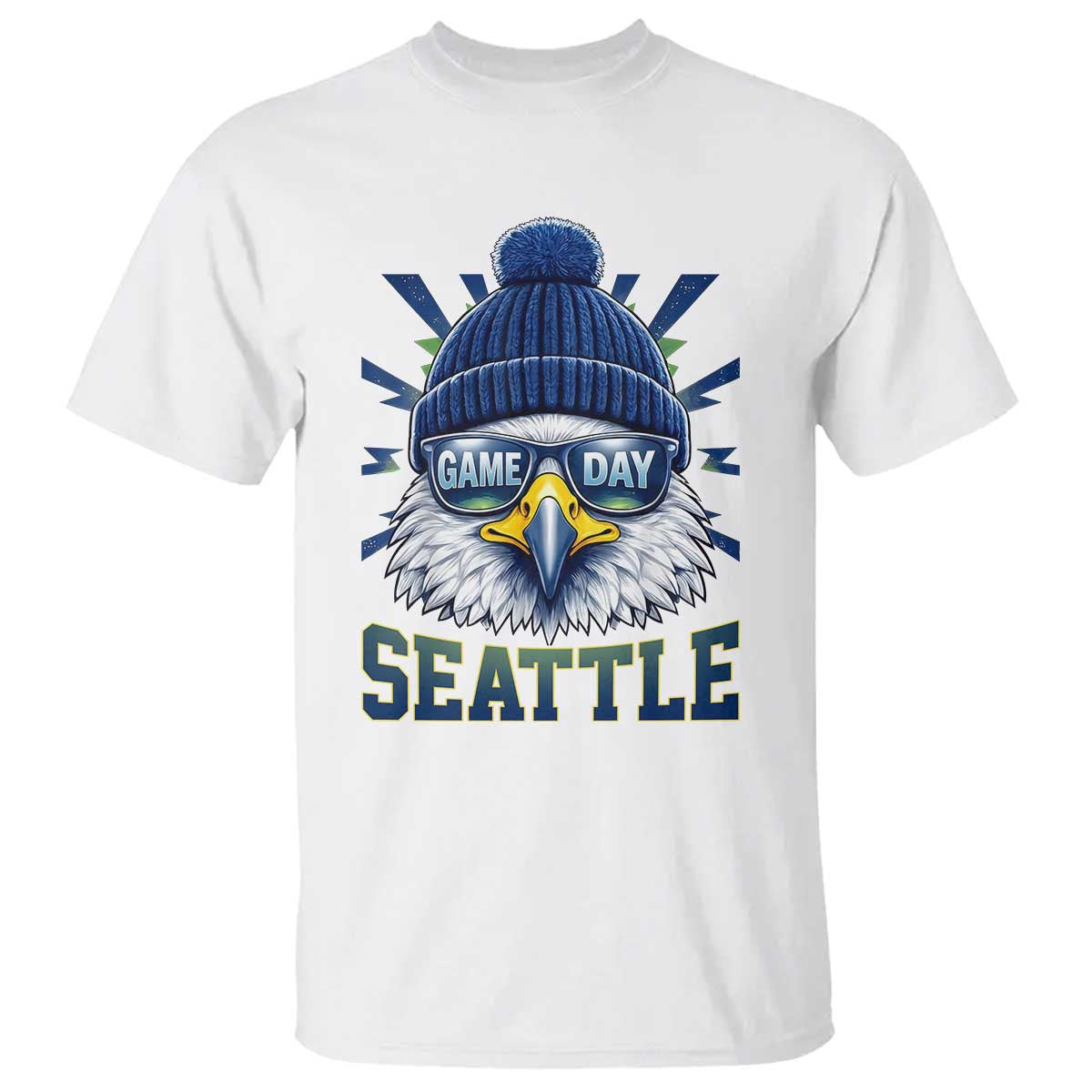 Cool Blue and Green Hawk with Beanie Graphic T Shirt Seattle Game Day Sports Fan TS02 White Print Your Wear