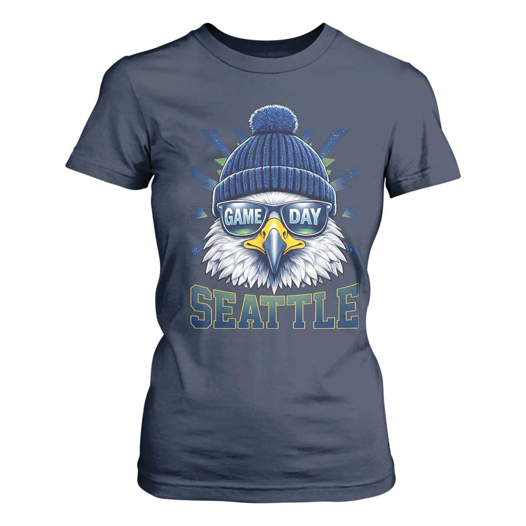 Cool Blue and Green Hawk with Beanie Graphic T Shirt For Women Seattle Game Day Sports Fan TS02 Navy Print Your Wear