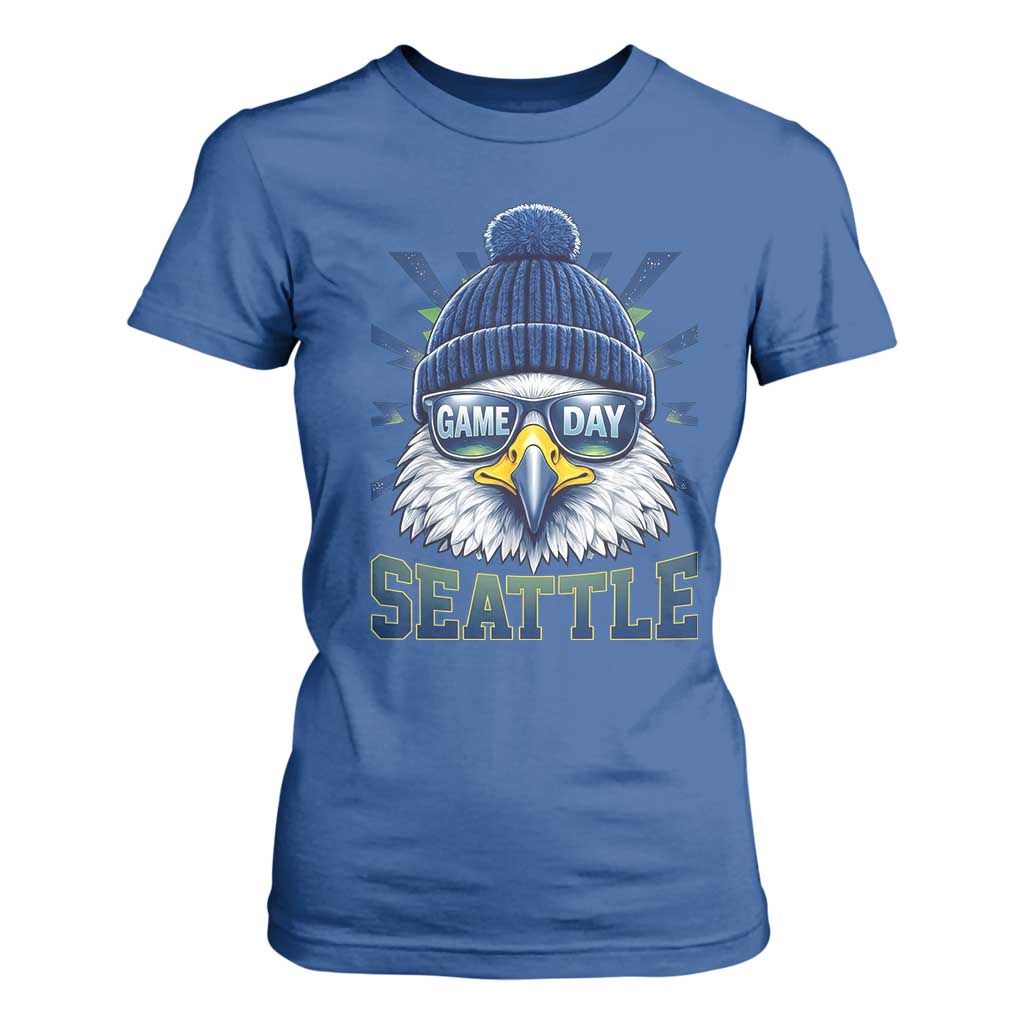 Cool Blue and Green Hawk with Beanie Graphic T Shirt For Women Seattle Game Day Sports Fan TS02 Royal Blue Print Your Wear