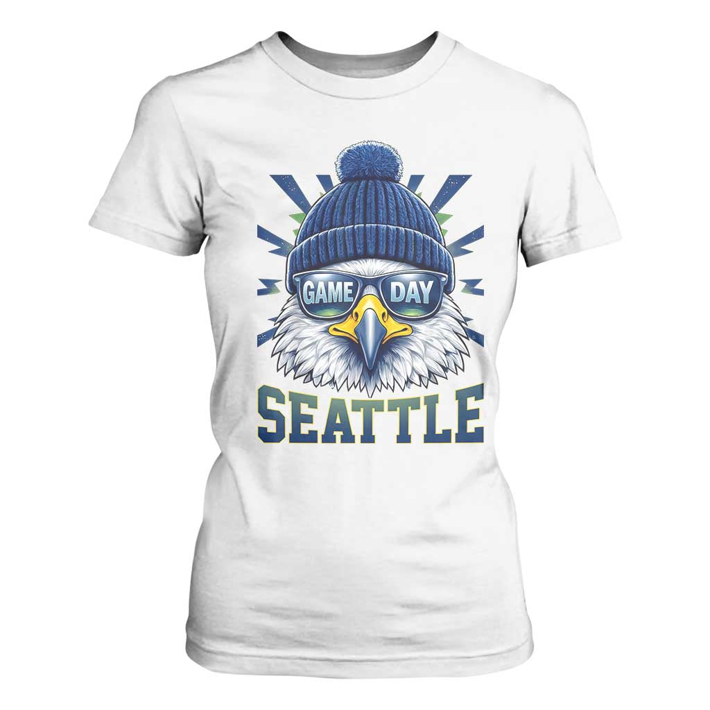 Cool Blue and Green Hawk with Beanie Graphic T Shirt For Women Seattle Game Day Sports Fan TS02 White Print Your Wear