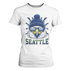 Cool Blue and Green Hawk with Beanie Graphic T Shirt For Women Seattle Game Day Sports Fan TS02 White Print Your Wear