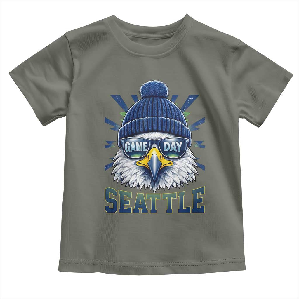 Cool Blue and Green Hawk with Beanie Graphic Toddler T Shirt Seattle Game Day Sports Fan TS02 Military Green Print Your Wear