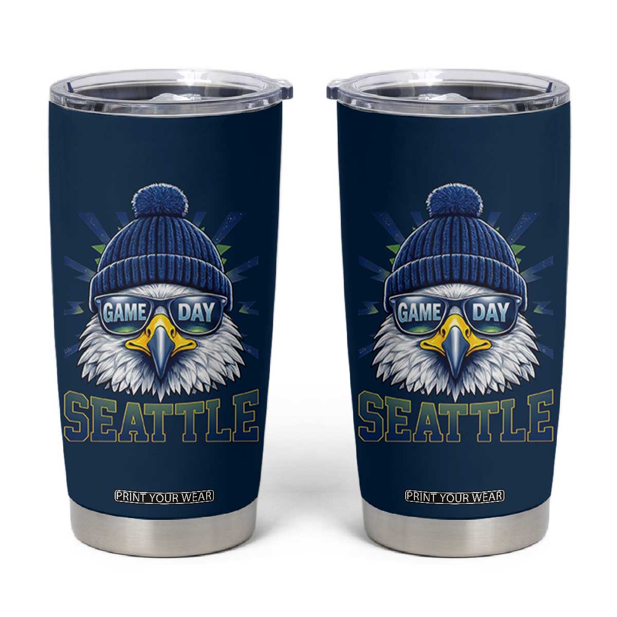 Cool Blue and Green Hawk with Beanie Graphic Tumbler Cup Seattle Game Day Sports Fan TS02 Navy Print Your Wear