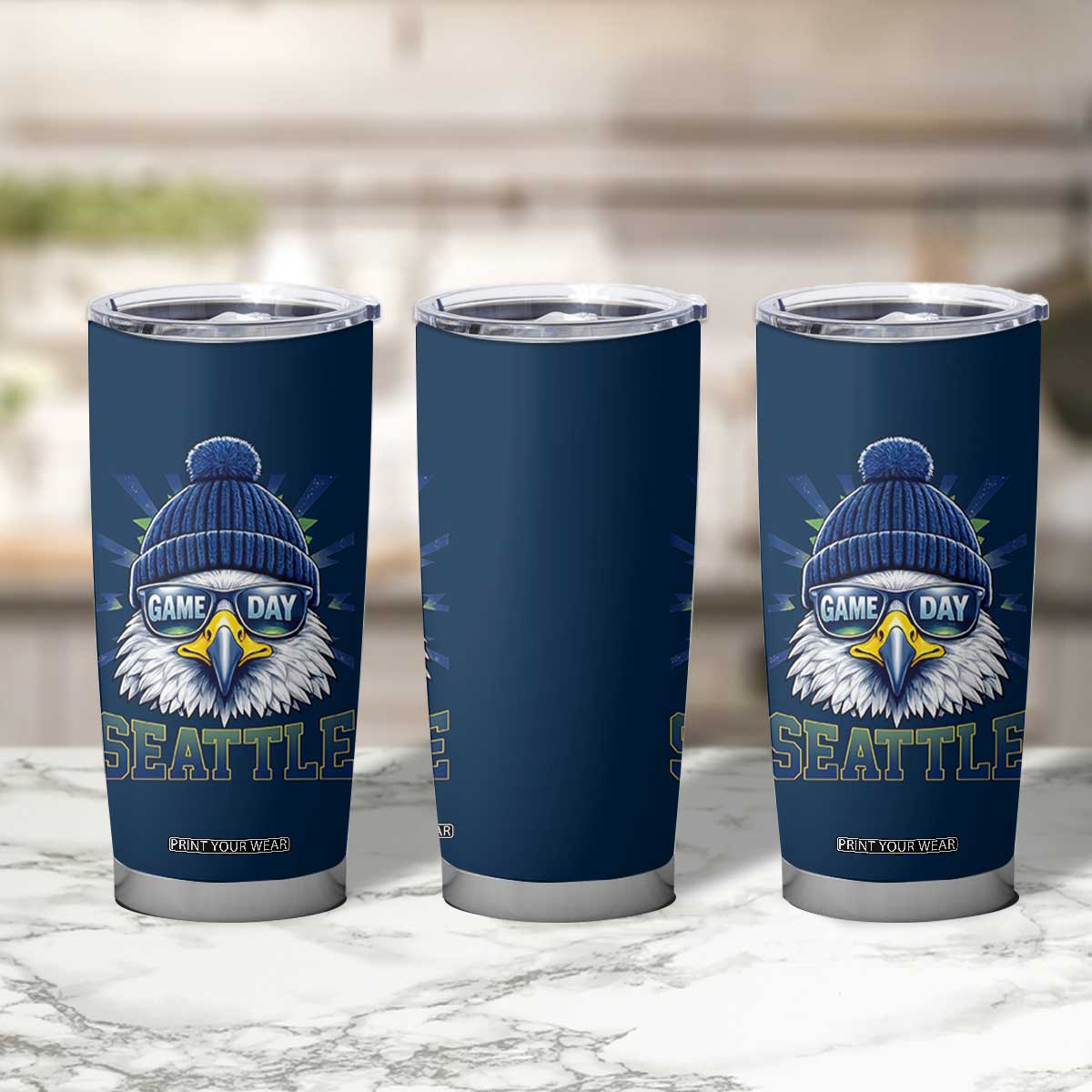 Cool Blue and Green Hawk with Beanie Graphic Tumbler Cup Seattle Game Day Sports Fan TS02 Print Your Wear