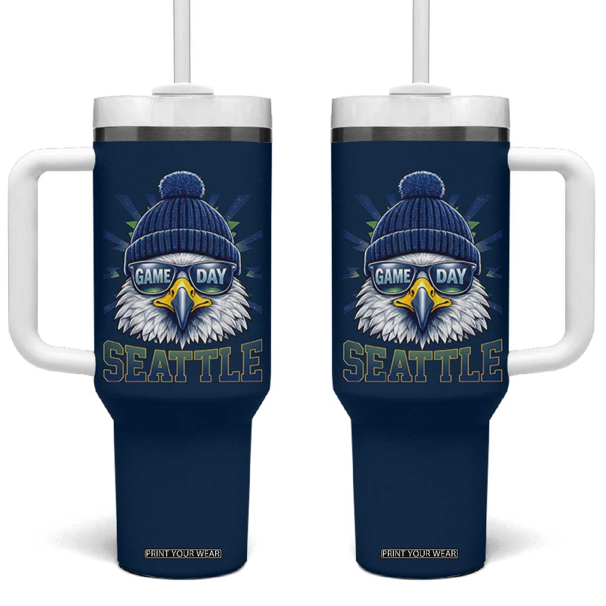 Cool Blue and Green Hawk with Beanie Graphic Tumbler With Handle Seattle Game Day Sports Fan TS02 One Size: 40 oz Navy Print Your Wear