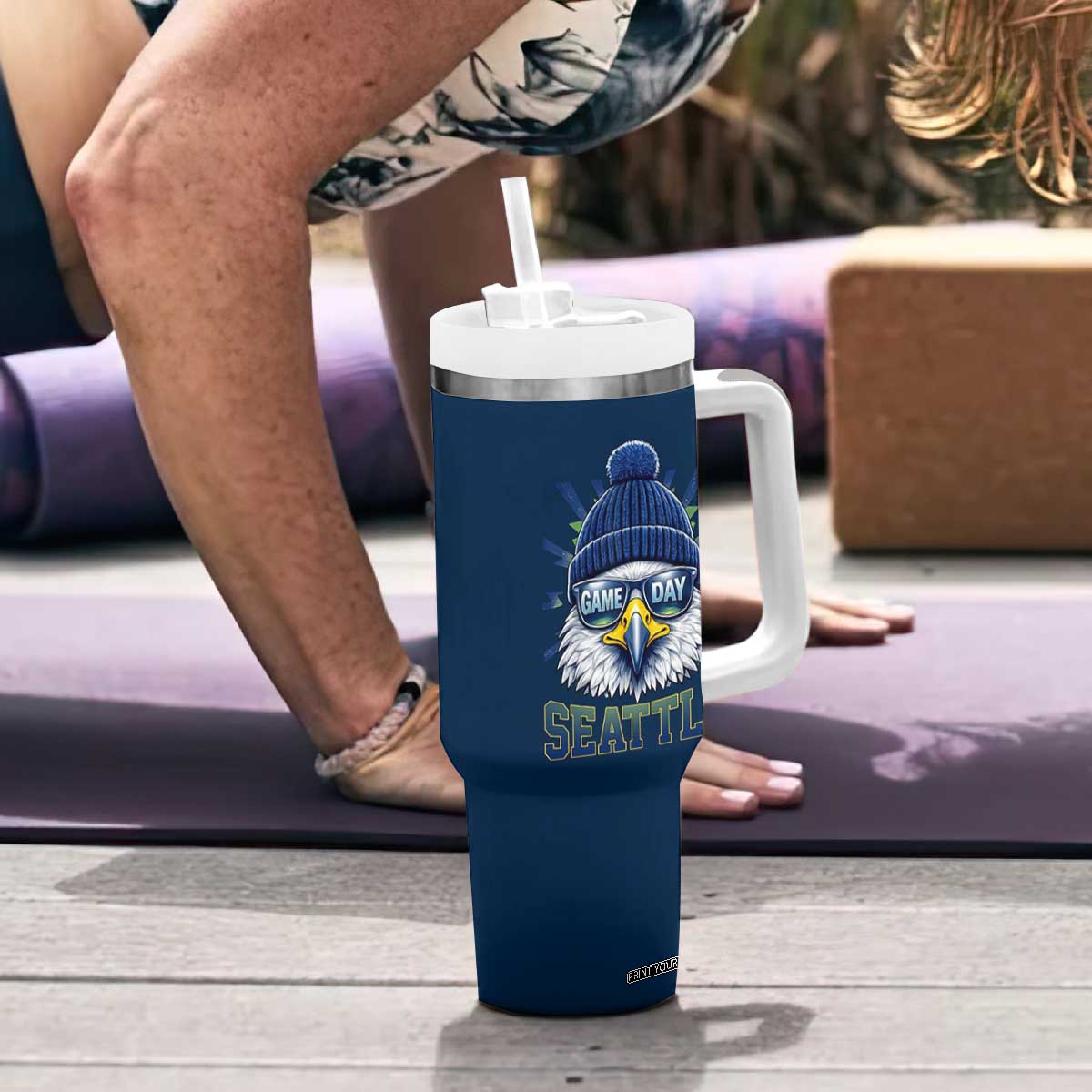 Cool Blue and Green Hawk with Beanie Graphic Tumbler With Handle Seattle Game Day Sports Fan TS02 Print Your Wear
