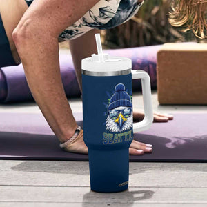 Cool Blue and Green Hawk with Beanie Graphic Tumbler With Handle Seattle Game Day Sports Fan TS02 Print Your Wear