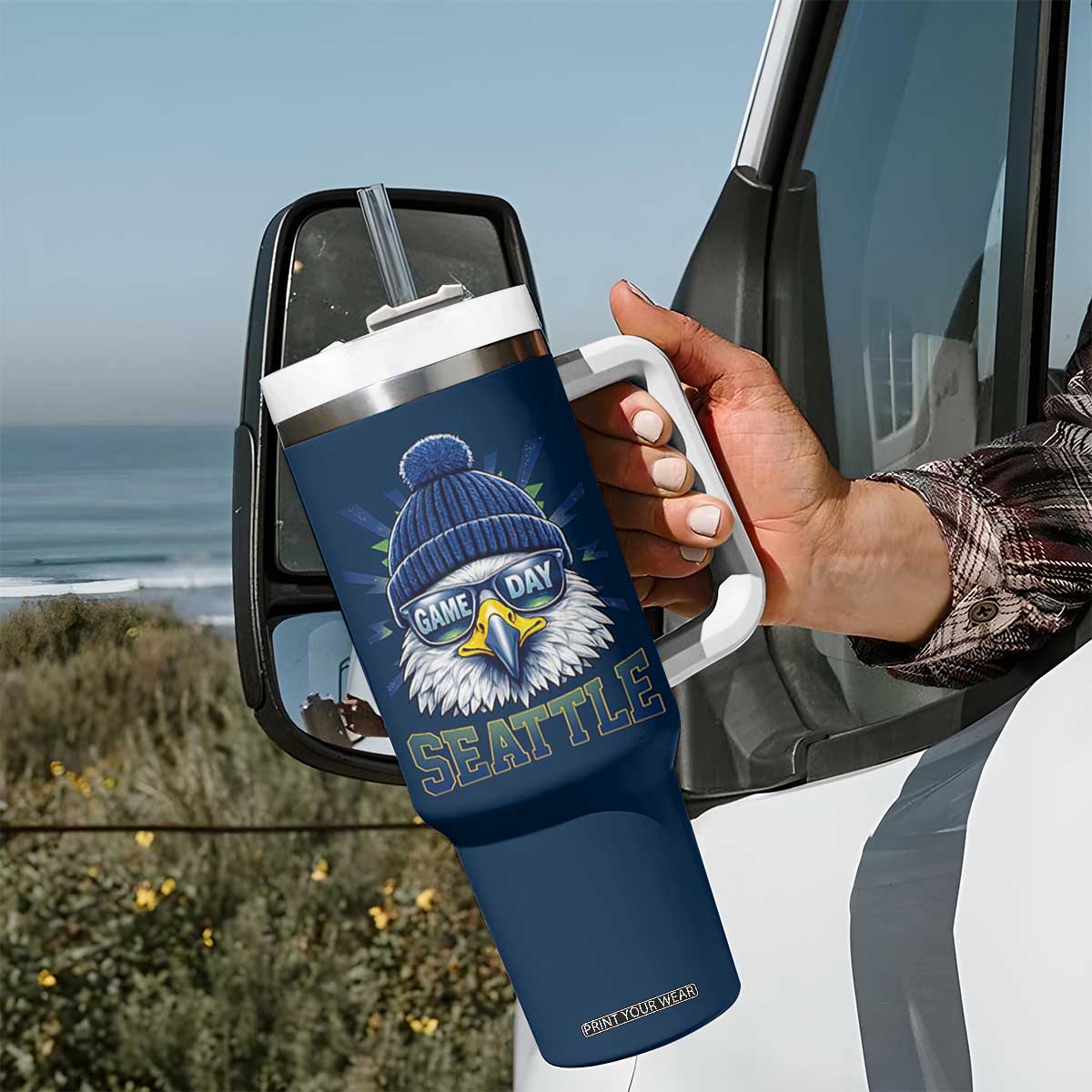 Cool Blue and Green Hawk with Beanie Graphic Tumbler With Handle Seattle Game Day Sports Fan TS02 Print Your Wear