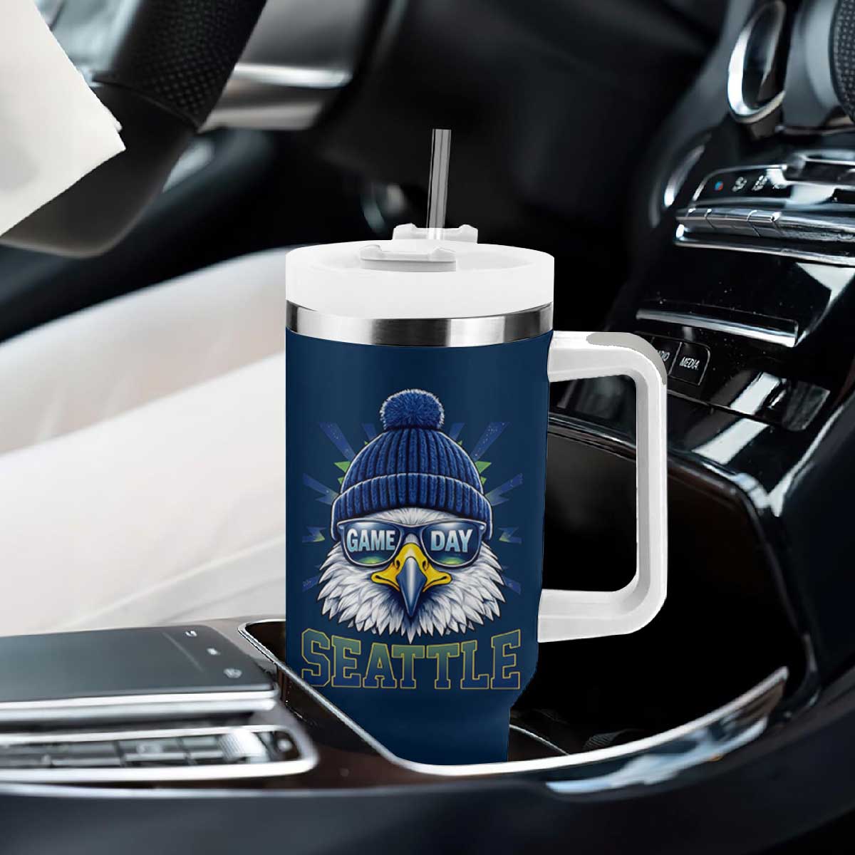 Cool Blue and Green Hawk with Beanie Graphic Tumbler With Handle Seattle Game Day Sports Fan TS02 Print Your Wear
