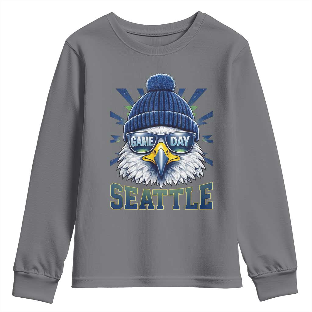Cool Blue and Green Hawk with Beanie Graphic Youth Sweatshirt Seattle Game Day Sports Fan TS02 Charcoal Print Your Wear