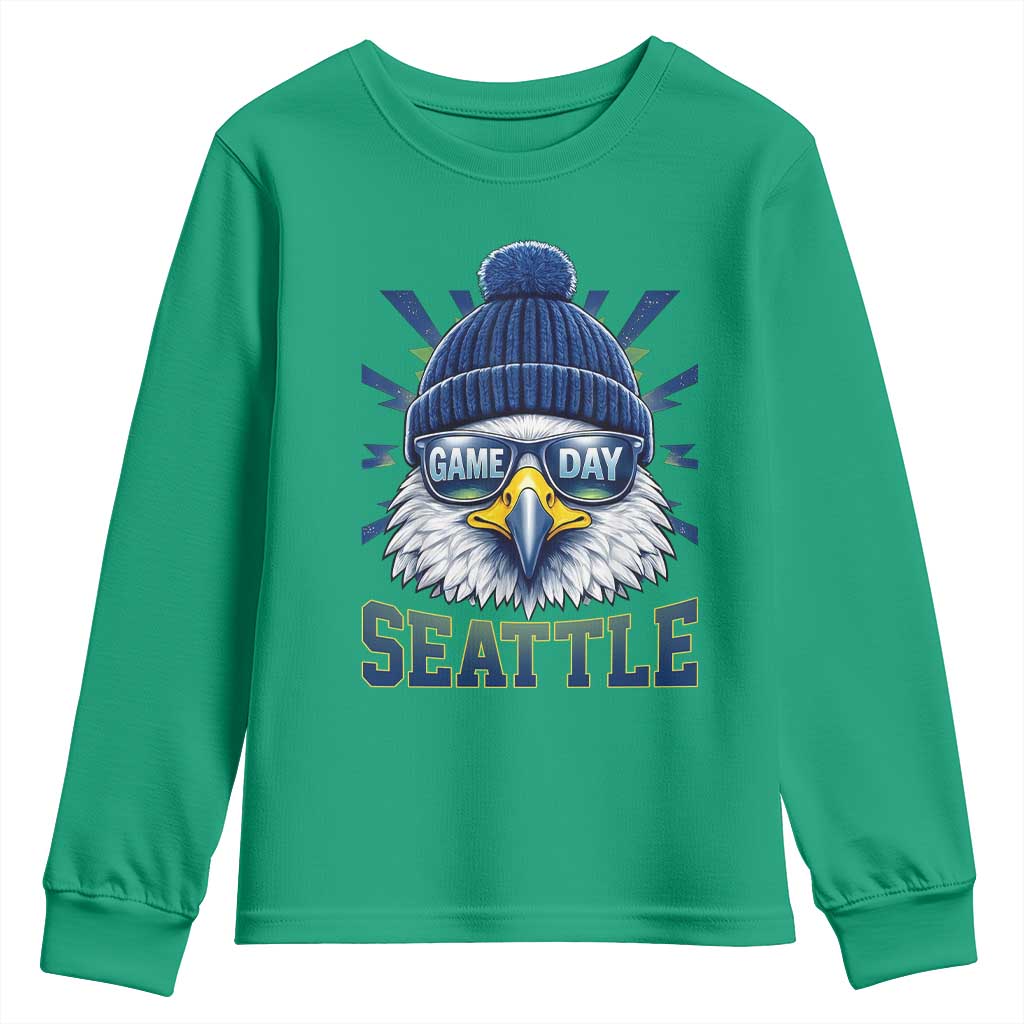 Cool Blue and Green Hawk with Beanie Graphic Youth Sweatshirt Seattle Game Day Sports Fan TS02 Irish Green Print Your Wear
