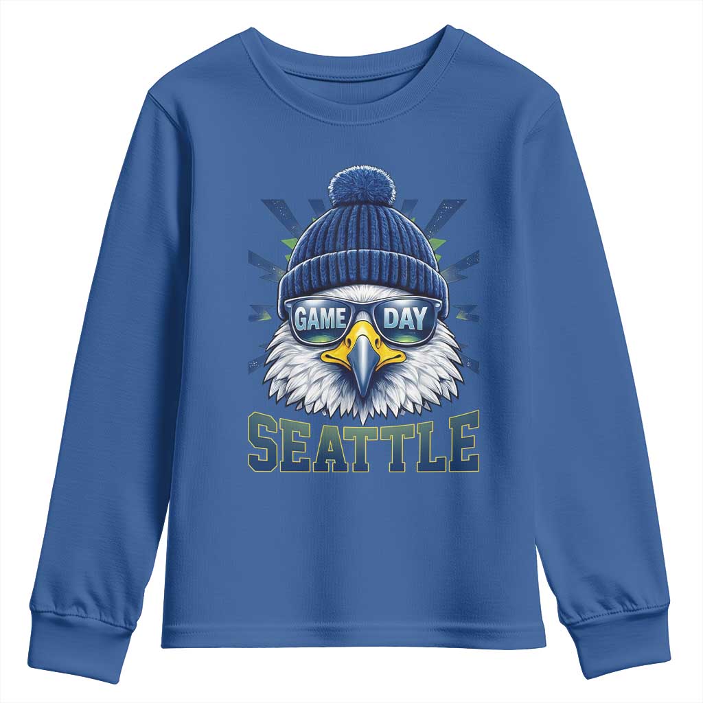 Cool Blue and Green Hawk with Beanie Graphic Youth Sweatshirt Seattle Game Day Sports Fan TS02 Royal Blue Print Your Wear