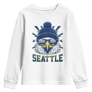 Cool Blue and Green Hawk with Beanie Graphic Youth Sweatshirt Seattle Game Day Sports Fan TS02 White Print Your Wear