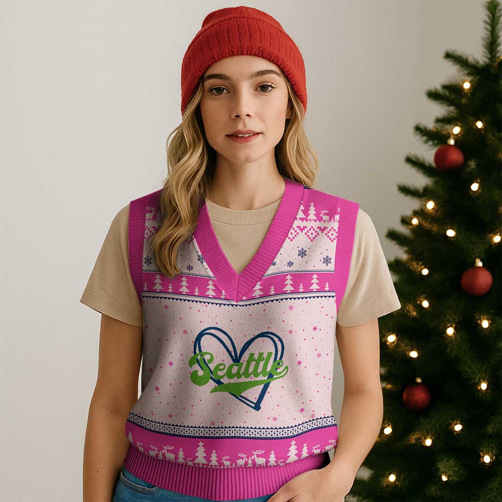 Seattle Heart Blue and Green Game Day Sports Fan V-Neck Knit Sweater Vest TS02 Hot Pink Print Your Wear