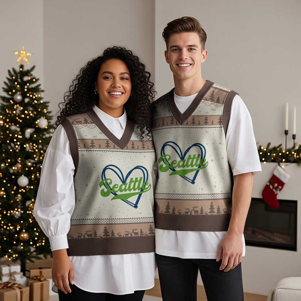 Seattle Heart Blue and Green Game Day Sports Fan V-Neck Knit Sweater Vest TS02 Mocha Mousse Print Your Wear