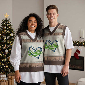 Seattle Heart Blue and Green Game Day Sports Fan V-Neck Knit Sweater Vest TS02 Mocha Mousse Print Your Wear