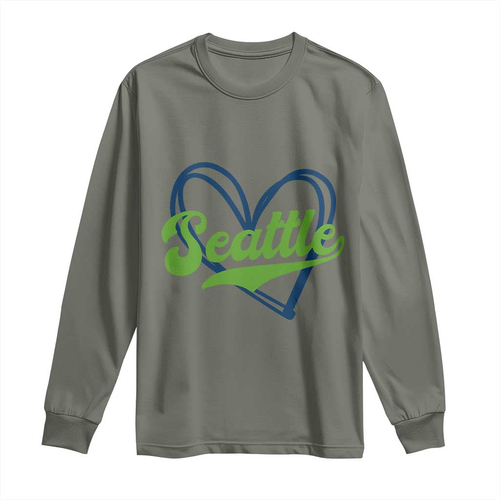 Seattle Heart Blue and Green Game Day Sports Fan Long Sleeve Shirt TS02 Military Green Print Your Wear