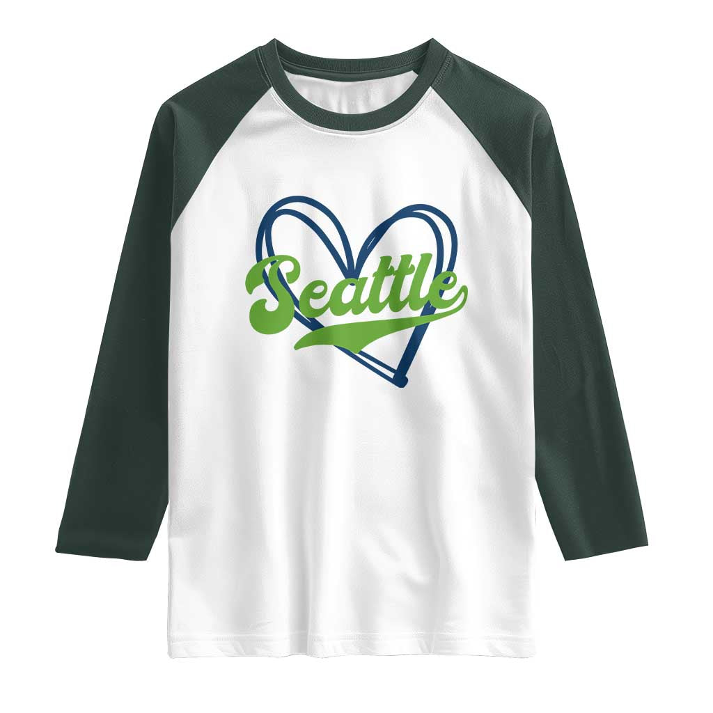 Seattle Heart Blue and Green Game Day Sports Fan Raglan Shirt TS02 White Dark Forest Green Print Your Wear