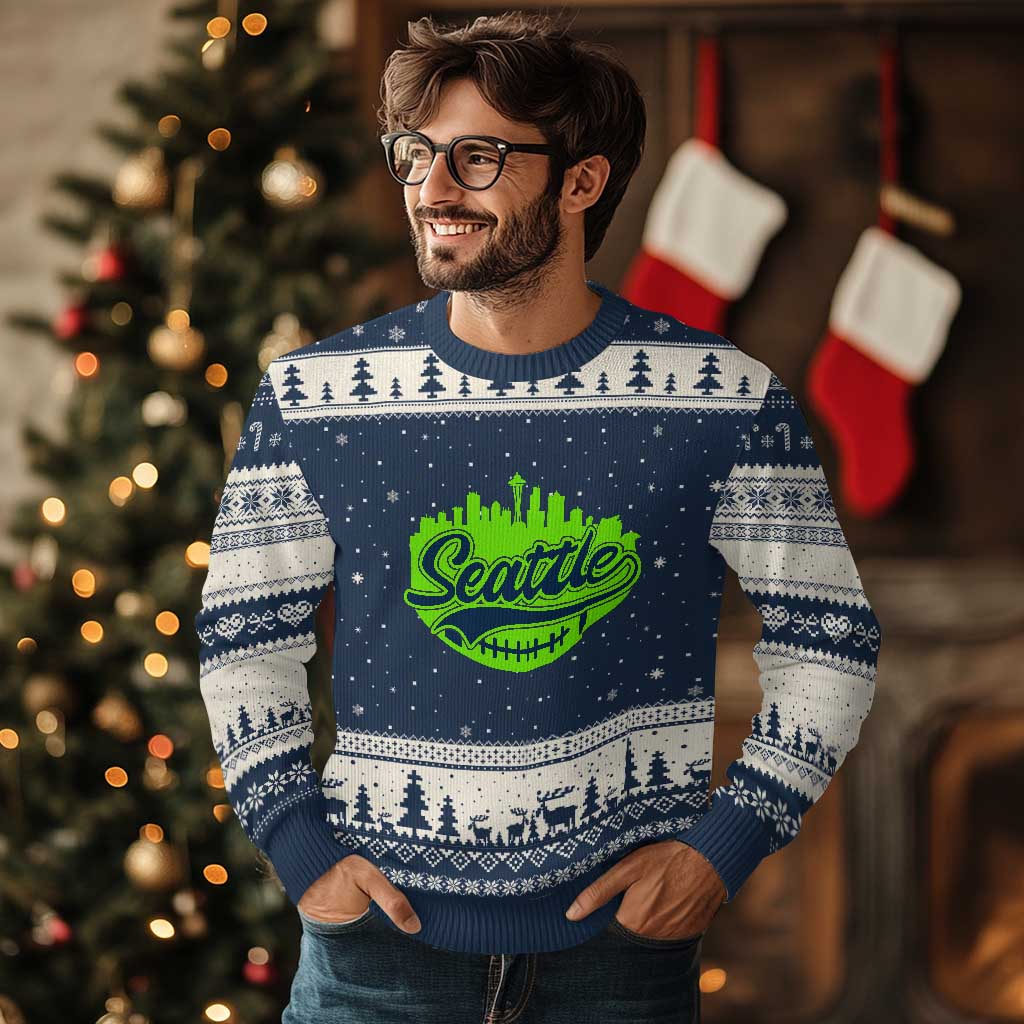 Seattle Pride Skyline Football Lover Ugly Christmas Sweater Game Day Sports Fan TS02 Navy Beige Print Your Wear