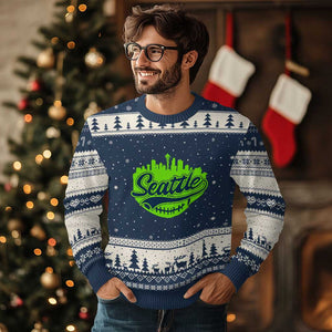 Seattle Pride Skyline Football Lover Ugly Christmas Sweater Game Day Sports Fan TS02 Navy Beige Print Your Wear