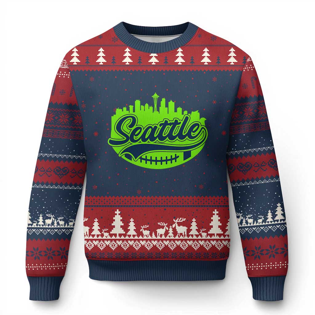Seattle Pride Skyline Football Lover Ugly Christmas Sweater Game Day Sports Fan TS02 Navy Red Print Your Wear