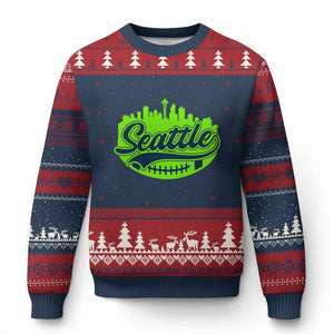 Seattle Pride Skyline Football Lover Ugly Christmas Sweater Game Day Sports Fan TS02 Navy Red Print Your Wear