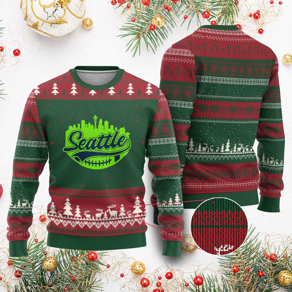 Seattle Pride Skyline Football Lover Ugly Christmas Sweater Game Day Sports Fan TS02 Red Green Print Your Wear
