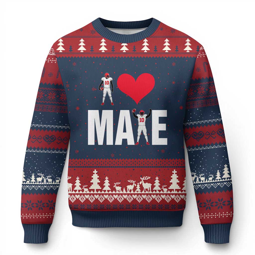 I Love Maye Red Heart Ugly Christmas Sweater Football Fan Celebration TS02 Navy Red Print Your Wear