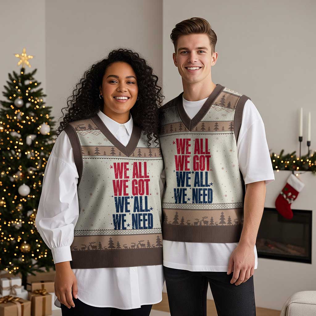 We All We Got We All We Need Patriots V-Neck Knit Sweater Vest Red and Blue Sports Fan Chant TS02 Mocha Mousse Print Your Wear