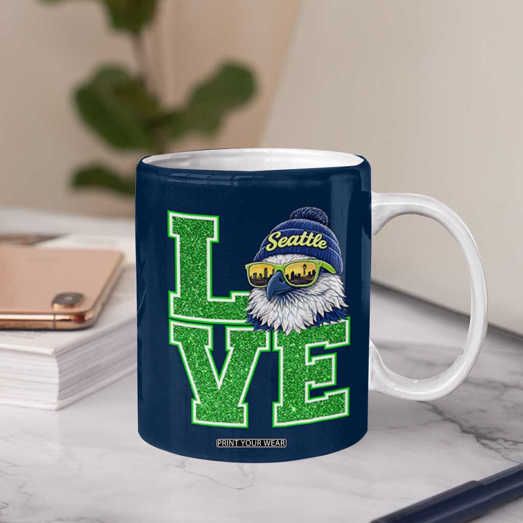 Seattle LOVE Hawk Graphic Coffee Mug Blue and Green Game Day Sports Fan TS02 Print Your Wear