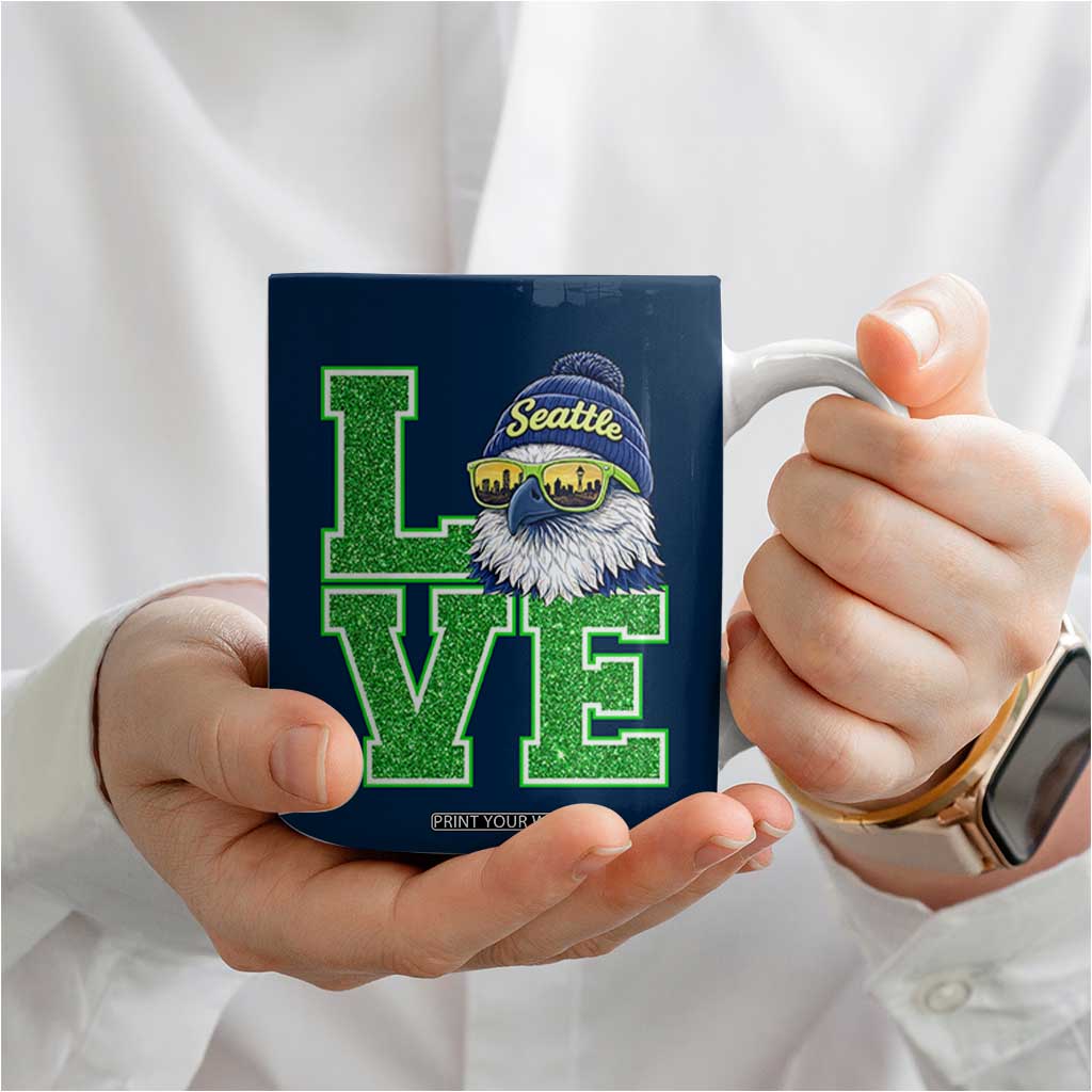 Seattle LOVE Hawk Graphic Coffee Mug Blue and Green Game Day Sports Fan TS02 Print Your Wear