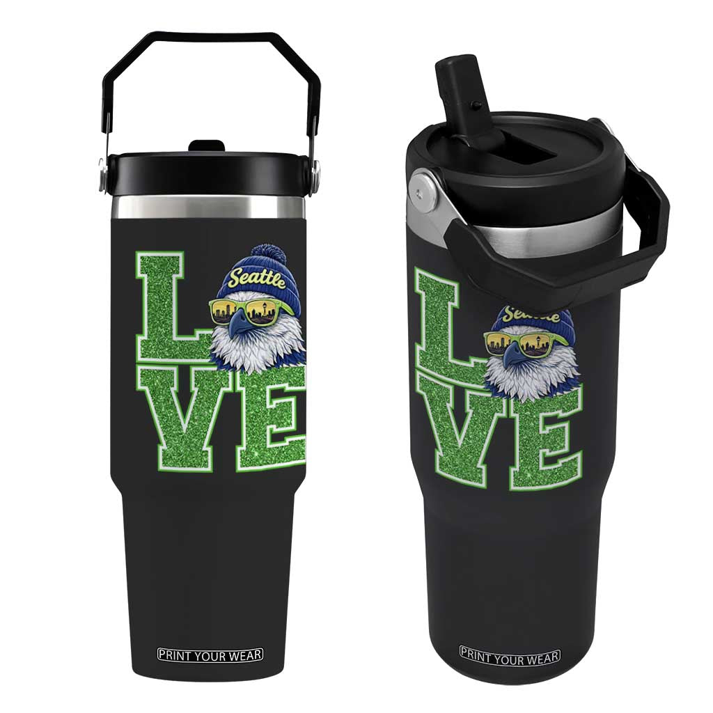 Seattle LOVE Hawk Graphic Flip Straw Tumbler Blue and Green Game Day Sports Fan TS02 One Size: 30 oz Black Print Your Wear
