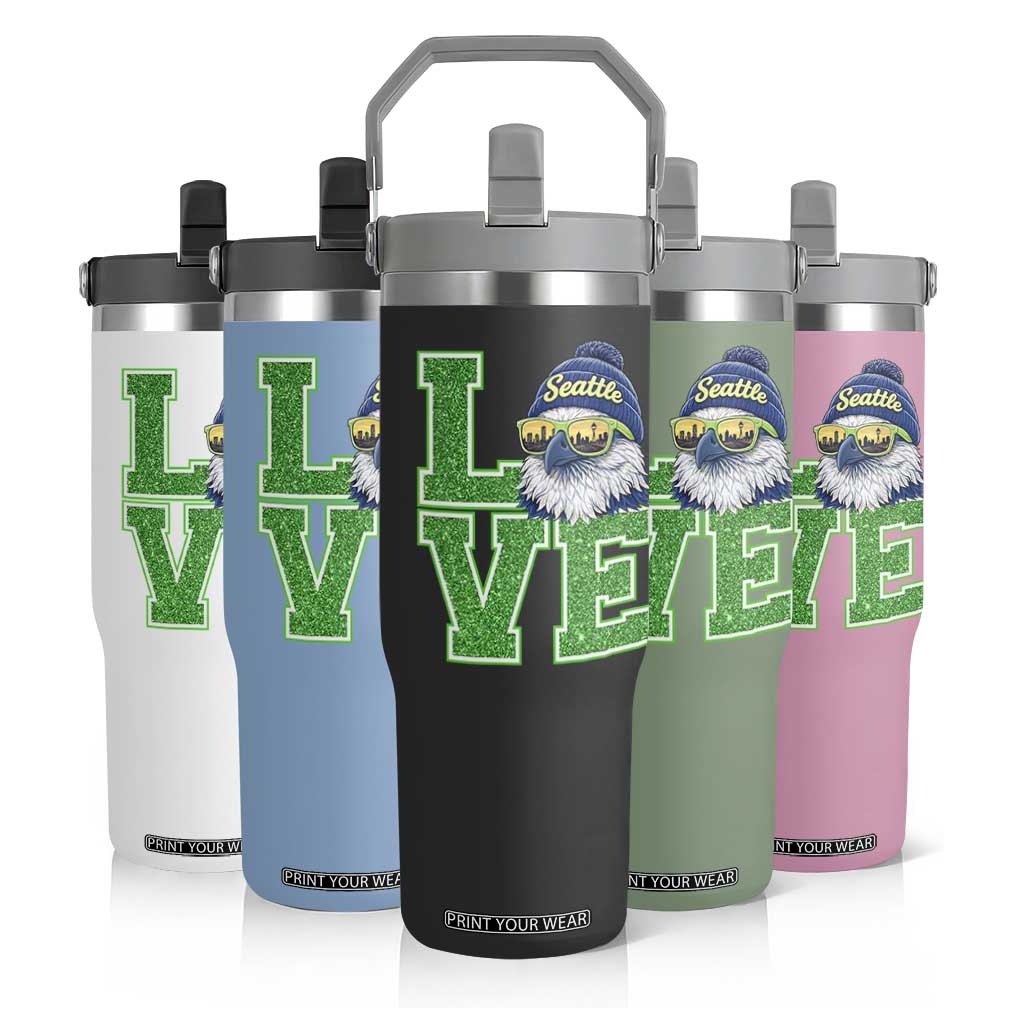 Seattle LOVE Hawk Graphic Flip Straw Tumbler Blue and Green Game Day Sports Fan TS02 Print Your Wear