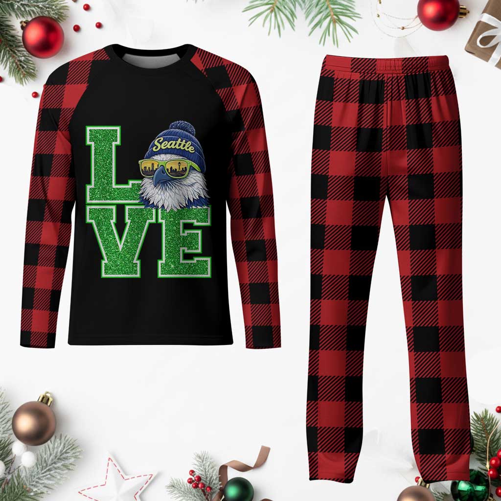 Seattle LOVE Hawk Graphic Plaid Pajama Set Blue and Green Game Day Sports Fan TS02 Buffalo Plaid Print Your Wear