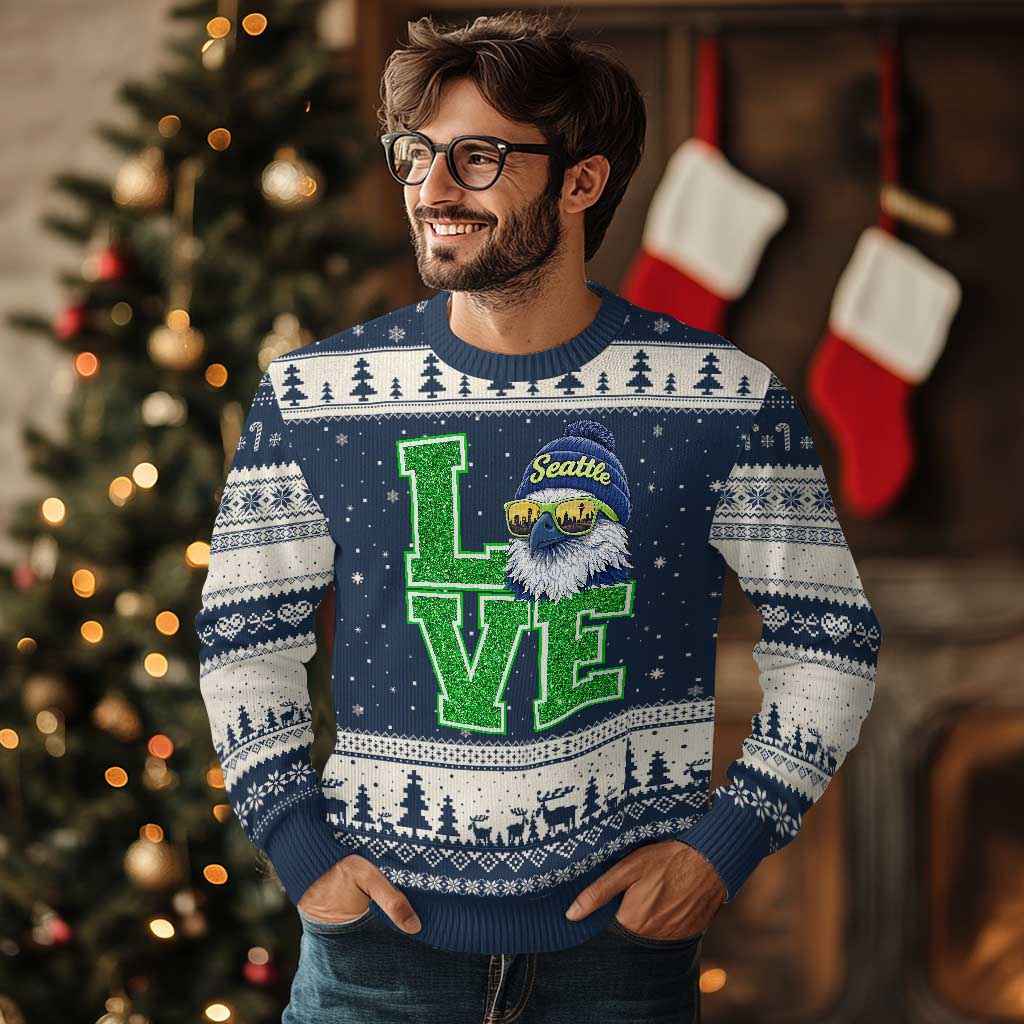 Seattle LOVE Hawk Graphic Ugly Christmas Sweater Blue and Green Game Day Sports Fan TS02 Navy Beige Print Your Wear