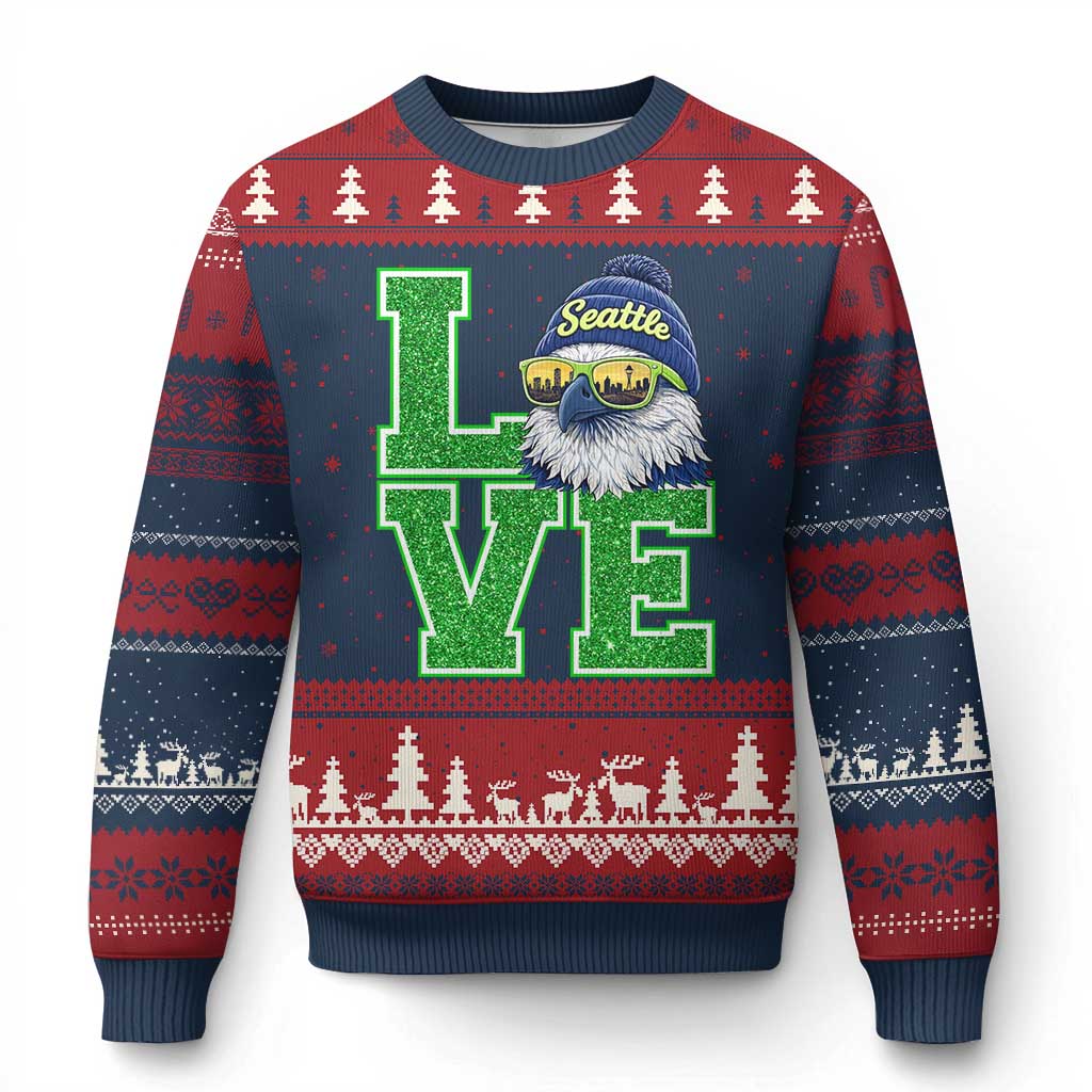 Seattle LOVE Hawk Graphic Ugly Christmas Sweater Blue and Green Game Day Sports Fan TS02 Navy Red Print Your Wear