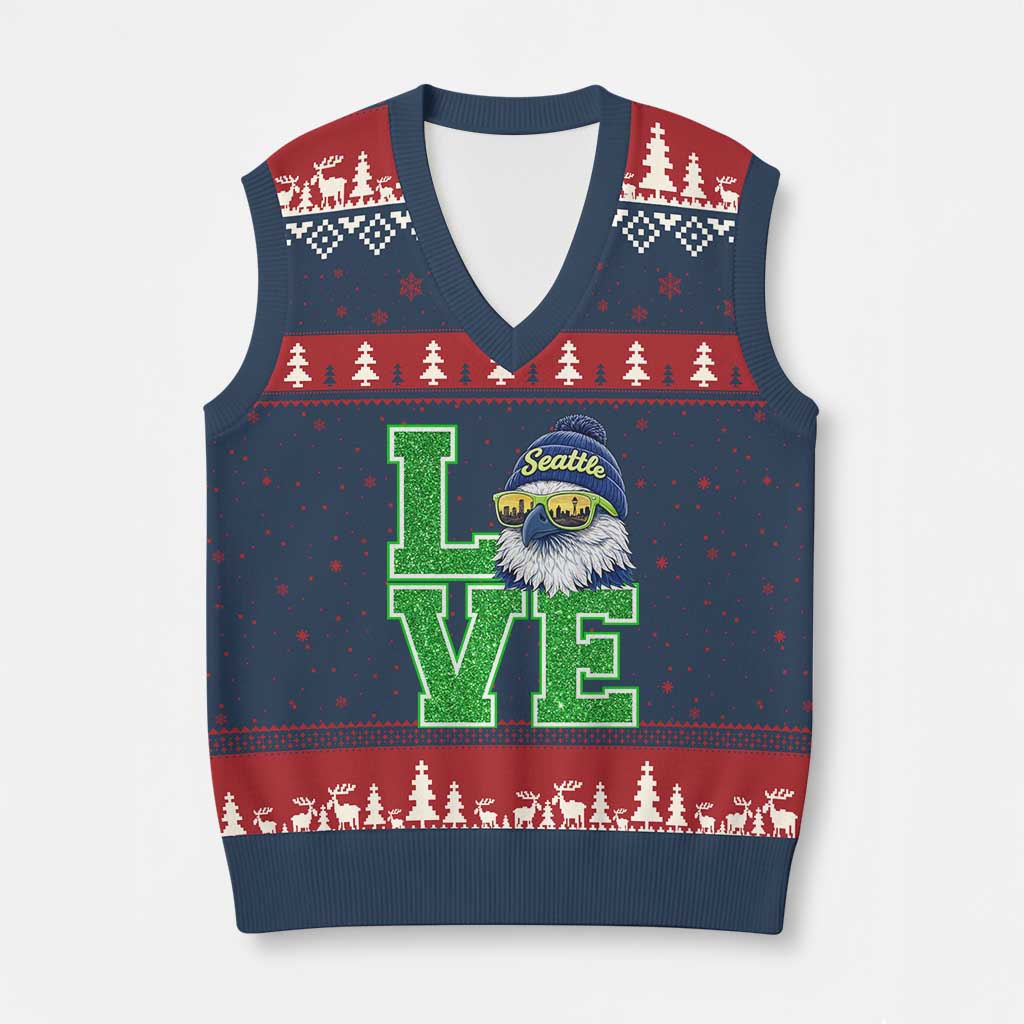 Seattle LOVE Hawk Graphic V-Neck Knit Sweater Vest Blue and Green Game Day Sports Fan TS02 Navy Red Print Your Wear