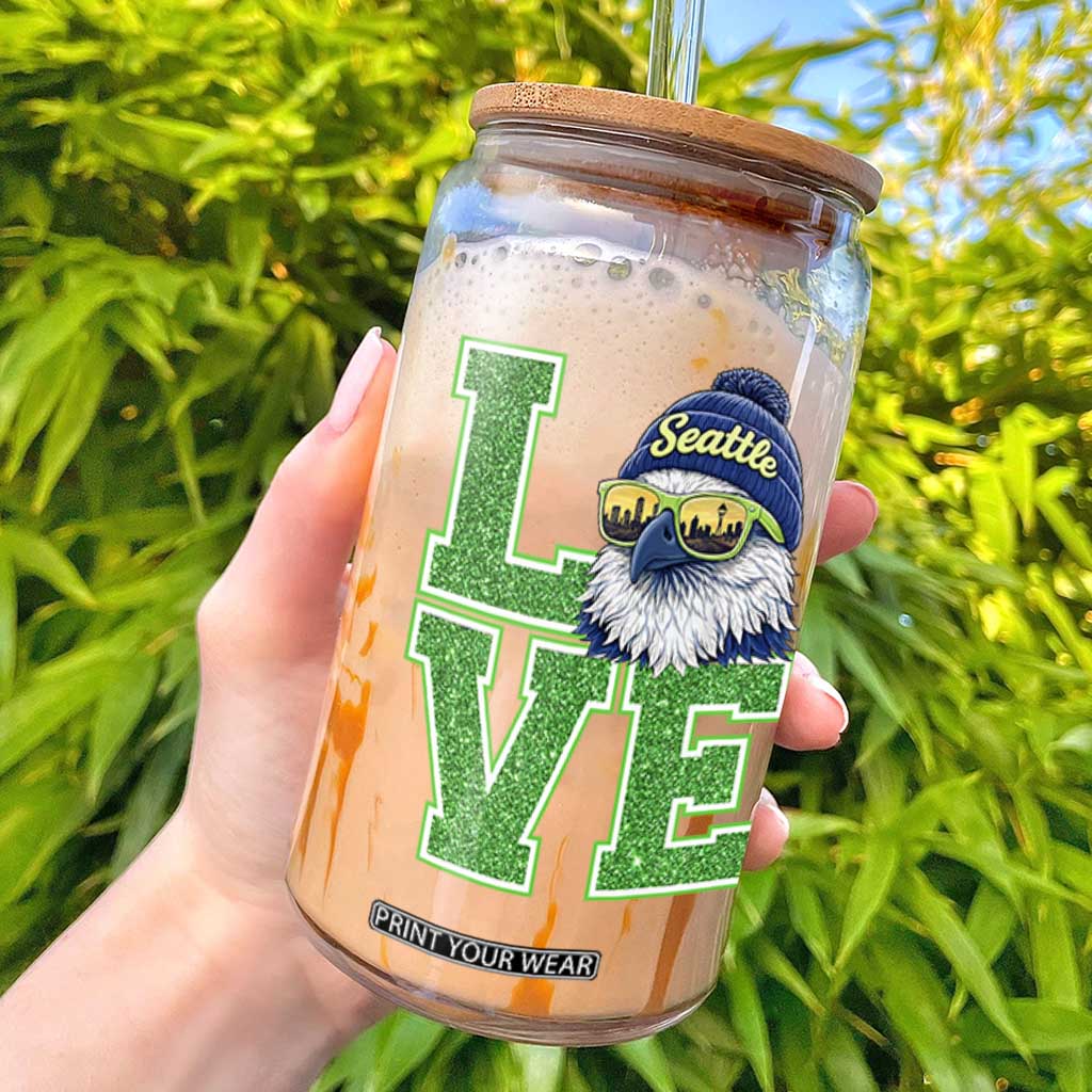 Seattle LOVE Hawk Graphic Glass Can Blue and Green Game Day Sports Fan TS02 Navy Print Your Wear