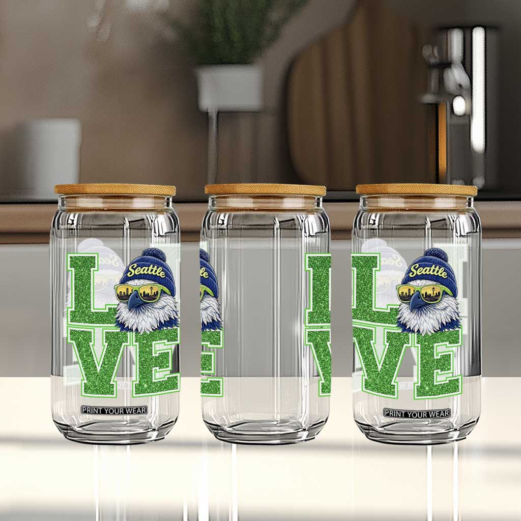 Seattle LOVE Hawk Graphic Glass Can Blue and Green Game Day Sports Fan TS02 Print Your Wear