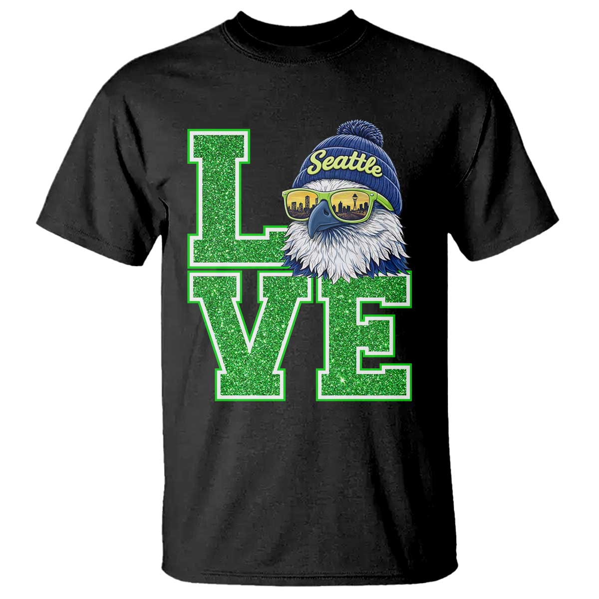 Seattle LOVE Hawk Graphic T Shirt Blue and Green Game Day Sports Fan TS02 Black Print Your Wear
