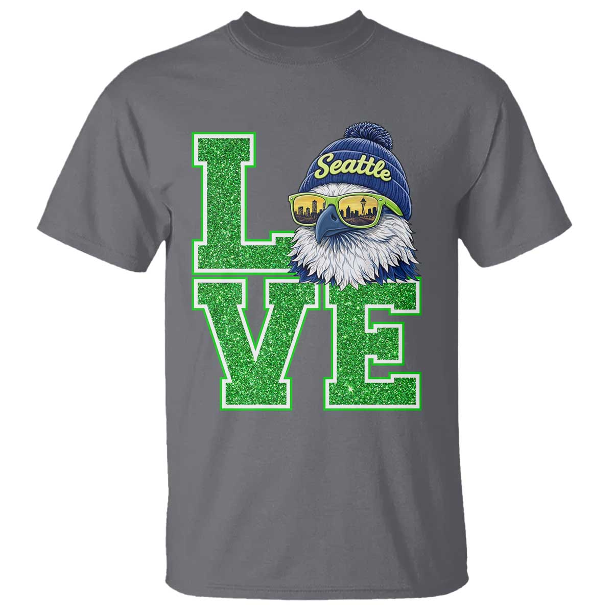 Seattle LOVE Hawk Graphic T Shirt Blue and Green Game Day Sports Fan TS02 Charcoal Print Your Wear
