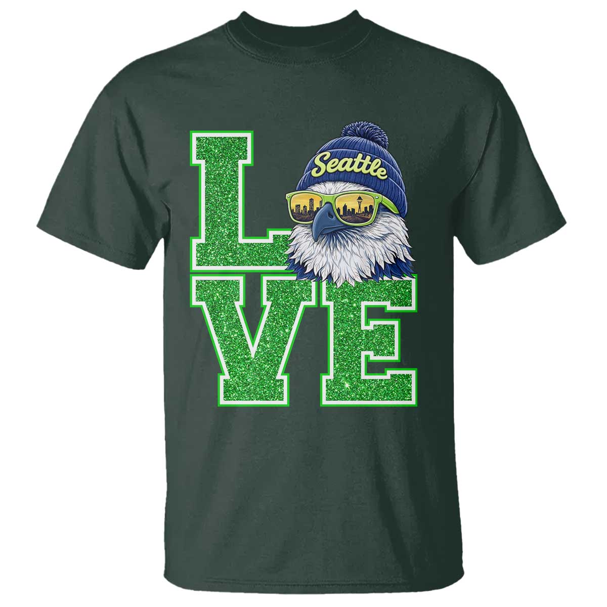 Seattle LOVE Hawk Graphic T Shirt Blue and Green Game Day Sports Fan TS02 Dark Forest Green Print Your Wear