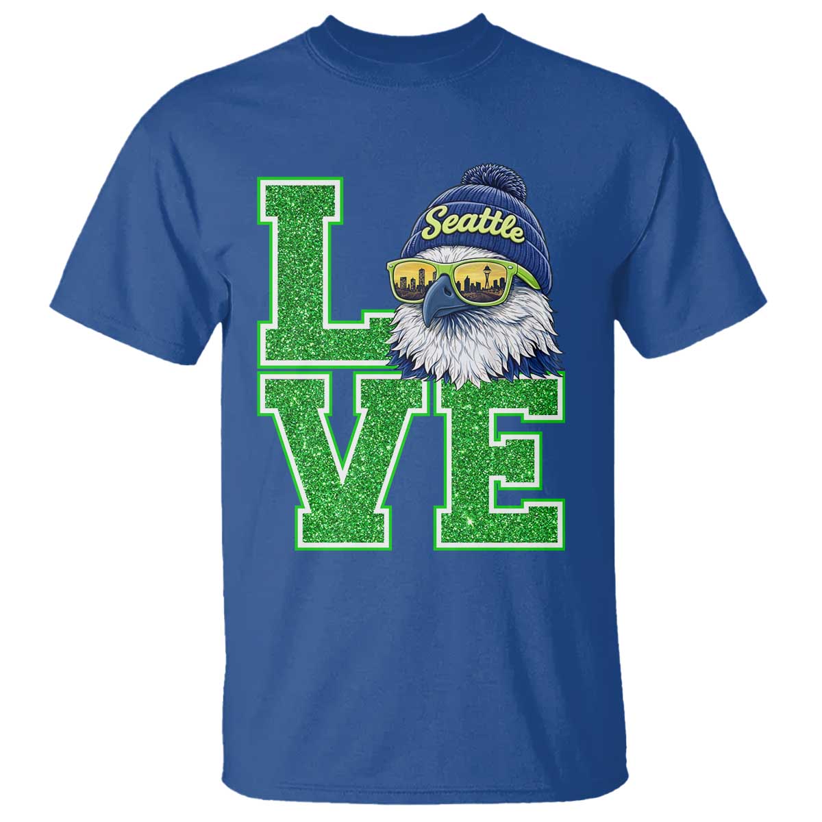 Seattle LOVE Hawk Graphic T Shirt Blue and Green Game Day Sports Fan TS02 Royal Blue Print Your Wear