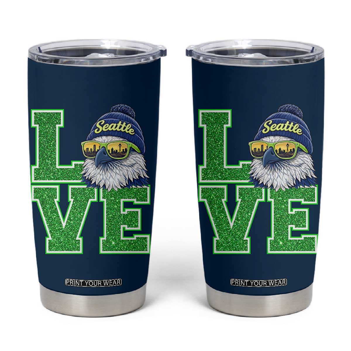 Seattle LOVE Hawk Graphic Tumbler Cup Blue and Green Game Day Sports Fan TS02 Navy Print Your Wear