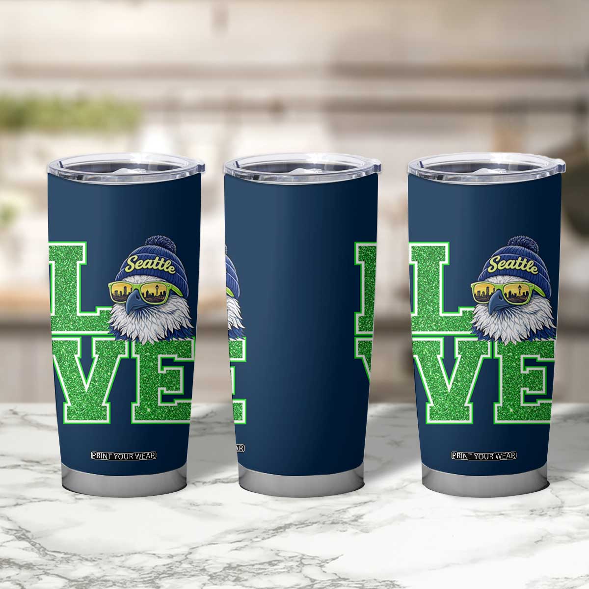 Seattle LOVE Hawk Graphic Tumbler Cup Blue and Green Game Day Sports Fan TS02 Print Your Wear