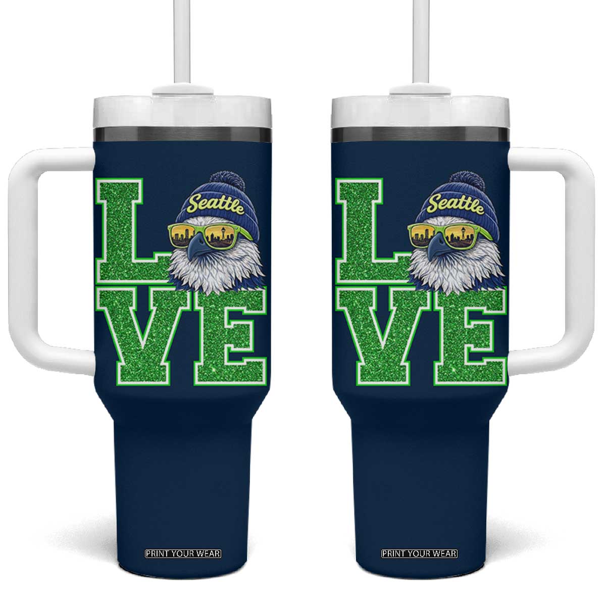 Seattle LOVE Hawk Graphic Tumbler With Handle Blue and Green Game Day Sports Fan TS02 One Size: 40 oz Navy Print Your Wear
