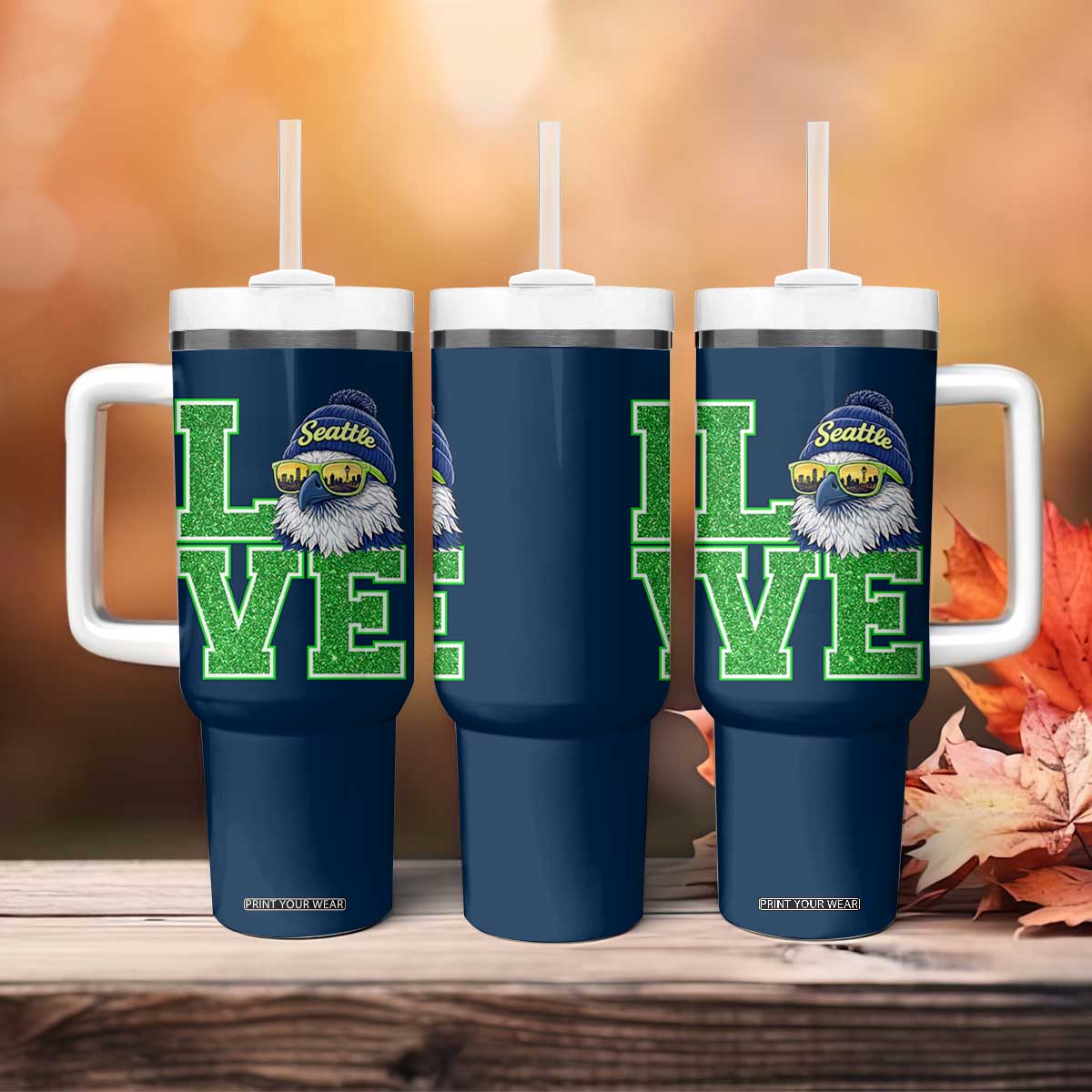 Seattle LOVE Hawk Graphic Tumbler With Handle Blue and Green Game Day Sports Fan TS02 Print Your Wear