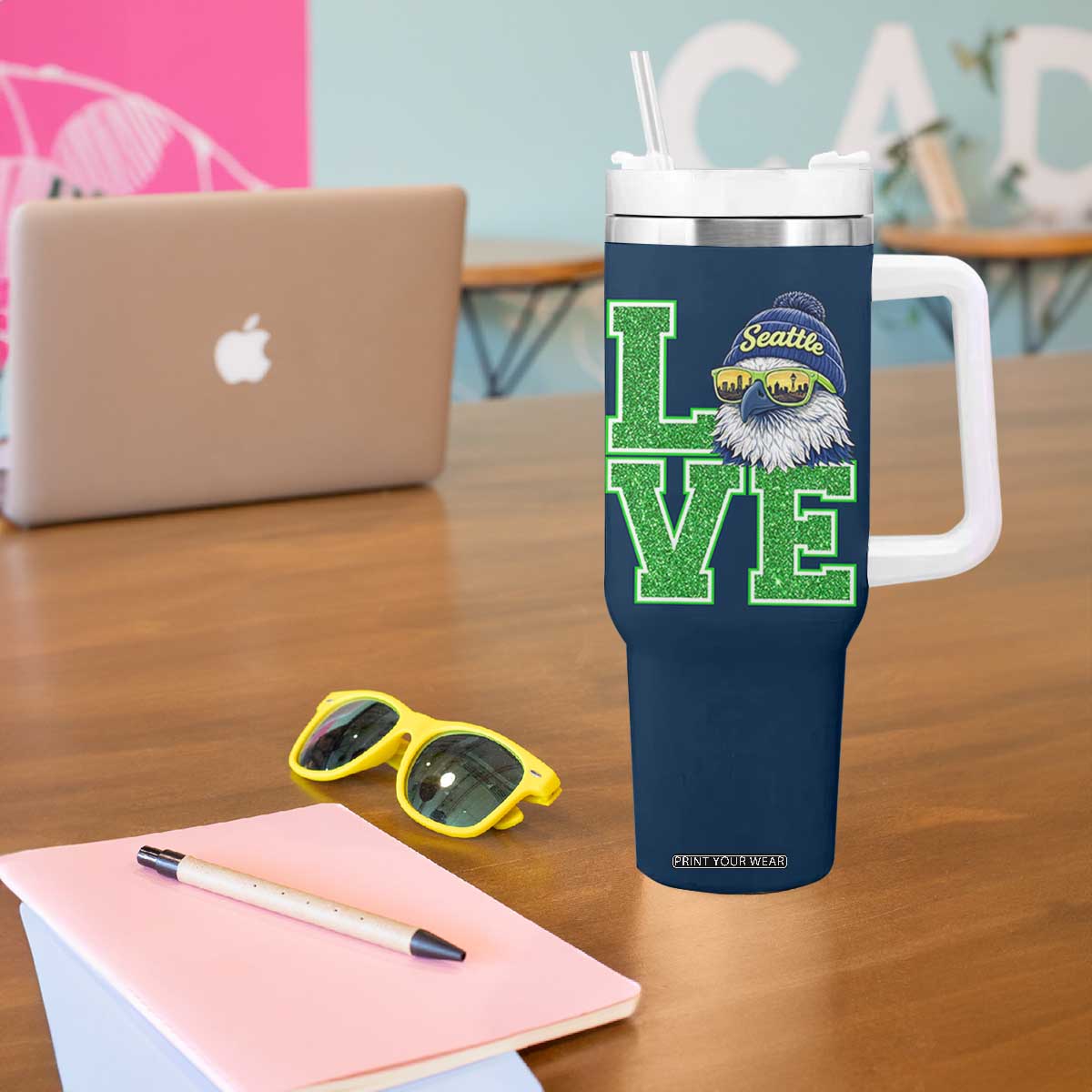 Seattle LOVE Hawk Graphic Tumbler With Handle Blue and Green Game Day Sports Fan TS02 Print Your Wear